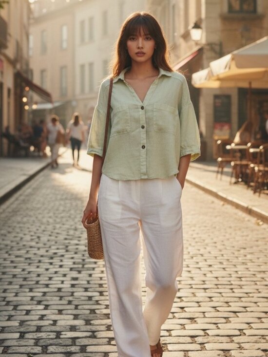 Zara Tops - Zara Womens Linen Button Up Shirt Size L Green Cropped Short Sleeve Casual Top